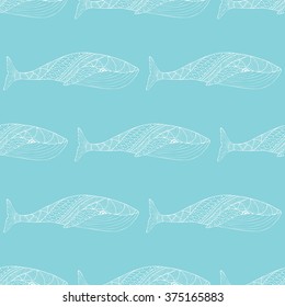 Tribal whale seamless pattern. Lace background with whales. Illustration for the boho, tribal, ethnic style. Beautiful seamless pattern for fabric, background, scrap booking.