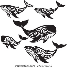 Tribal Whale Silhouette Vector Set in Black for Tattoo Design, Ocean Wildlife Logo, Marine Animal Art, Nautical Symbol Illustration, T Shirt Print, Sticker, Emblem and Branding