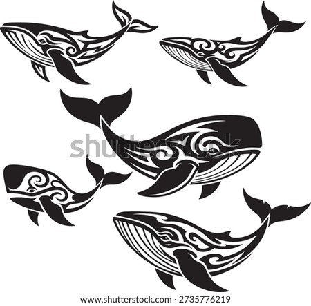 Tribal Whale Silhouette Vector Set in Black for Tattoo Design, Ocean Wildlife Logo, Marine Animal Art, Nautical Symbol Illustration, T Shirt Print, Sticker, Emblem and Branding
