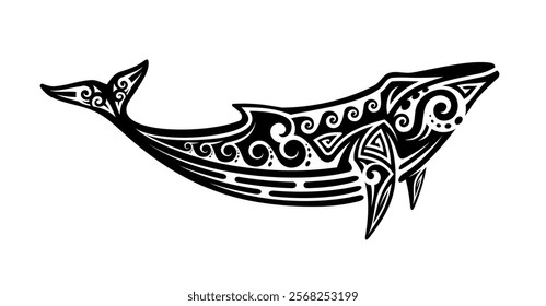 Tribal whale tattoo inspired by maori art, featuring intricate curves and patterns. Isolated vector black ink majestic sperm whale, symbol of marine nature, evoking cultural and spiritual significance