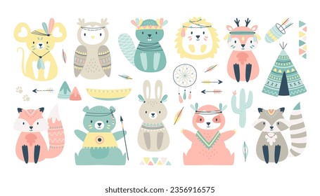 Tribal wild woodland animal characters wearing native indian clothing and accessories set. Funny owl, squirrel, deer, fox, bear, bunny, raccoon boho scandinavian style decorative printable element