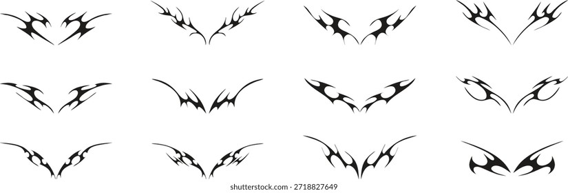 Tribal Flügel Silhouetten bilden eine scharfe dekorative Emblem-Set. Symmetrische spiked Formen fügen eine dunkle Fantasie und Tattoo Stil ästhetisch. Ideal für Logos Abzeichen gotische Kunst und edgy Designs.