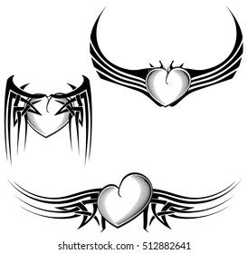 tribal winged tattoo heart set pack in vector format very easy to edit 