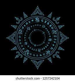 Tribal witchcraft spell circle vector illustration. Neon ancient inca, mayan, aztec, native american ritual emblem. Cultural element. Ethnic mystical pattern. Ornamental magic tattoo texture