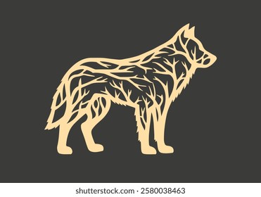 Tribal wolf design. Wild forest animal silhouette with tree branches. Vector illustration.