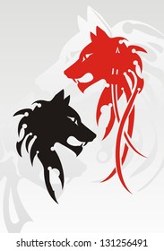 Tribal wolf head tattoo on the gray. Red and black variants
