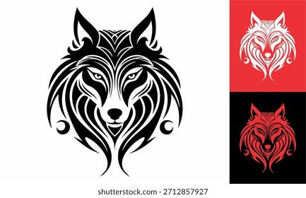 Ilustración vectorial de tatuaje de cabeza de lobo tribal con diseño de silueta de animal salvaje
