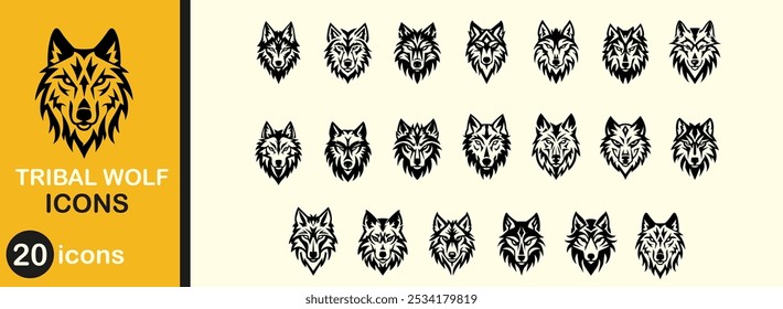 Conjunto de iconos de lobo tribal. Retrato de mascota de colección negra y Ilustración vectorial de cara de mamífero. Gráfico de estilo de Naturaleza y espíritu de poder agresivo o mascota nativa. Silueta de los ojos y de la cabeza del peligro