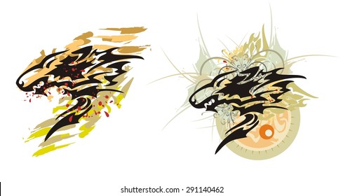 Tribal wolf splashes with blood drops. Wolf grin against the sun with flower elements and bloody splashes and the wolf head in grunge style 