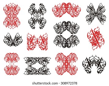 Tribal wolf symbols and wolf frames. Red and black on the white