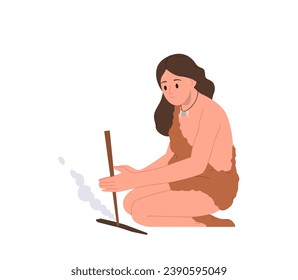 Tribal woman cartoon character representative of old civilization making fire isolated on white