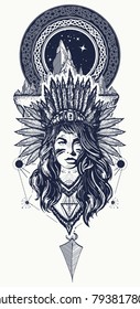 Tribal woman and mountains tattoo and t-shirt design. Native American warrior girl tattoo art 