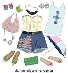 Tribal women clothes collection. Vector illustration for vogue design isolated on white background. Pale tender colors. Summer ethnic female fashion accessories Sketch paints with cute pretty elements