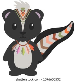 Tribal Woodland Skunk Illustration - Skunk in tribal inspired designs wearing feather necklace isolated on white background