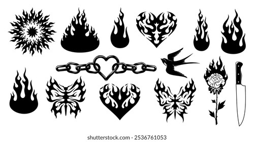 Conjunto de tatuaje tribal y2k que incluye fuego, corazones, cadenas, mariposas, rosa, cuchillo y pájaro. Siluetas de Vector con llamas negras, símbolos retro de pasión, peligro y rebelión con Formas ardientes audaces