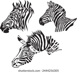 Tribal zebras vector illustrations set, great for decals, stickers and T-shirt designs. Cartoon mascot characters, ready for vinyl cutting.