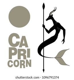 Tribal zodiac. Capricorn. Animal half male goat, half fish, horns and human arms, holding a spear