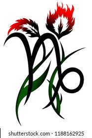 Tribal zodiac capricorn with colored flowers on white background