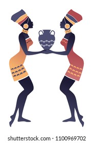 Tribal zodiac. Gemini. Two women with turbans and large round earrings holding a vessel between the two