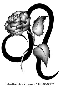 Tribal zodiac Leo with gray rose flower on white background