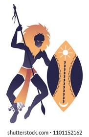 Tribal zodiac. Leo. Lion-headed man, holding a spear and holding a shield, dancing a tribal dance