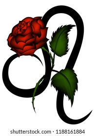 Tribal zodiac Leo with red rose flower on white background