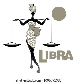 Tribal zodiac. Libra. Elegant woman in floral dress and turban, carrying a scale on her shoulders