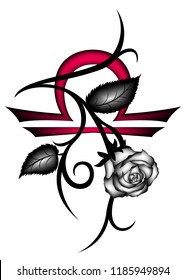 Tribal zodiac Libra with gray rose flower on white background