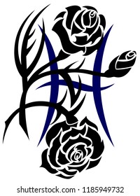 Tribal zodiac Pisces with black rose flower on white background