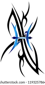 Tribal zodiac Pisces with blue gradient on white background