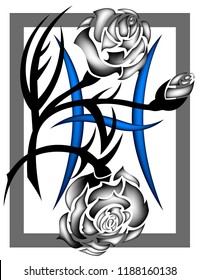 Tribal zodiac Pisces with gray rose flower on white background