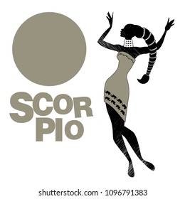 Tribal zodiac. Scorpio. Elegant woman wearing necklaces and hairstyle simulating the tail of a scorpion, dancing a tribal dance