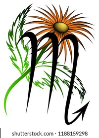 Tribal zodiac Scorpio with orange flower on white background