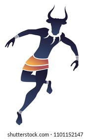 Tribal zodiac. Taurus. Man with bull head, fangs necklace and bracelets on his ankles, dancing a tribal dance