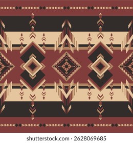 A tribal-inspired geometric pattern with diamonds, arrows, and zigzags in earthy tones. Bold and symmetrical, ideal for textiles, decor, or print design.