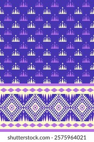 Tribal-inspired geometric pattern in purple and yellow tones, featuring diamond shapes and symmetrical motifs. Perfect for backgrounds, textiles, and creative design projects.