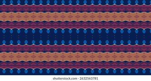 A tribal-inspired seamless pattern featuring a harmonious blend of earthy brown, deep blue, and warm maroon hues. 