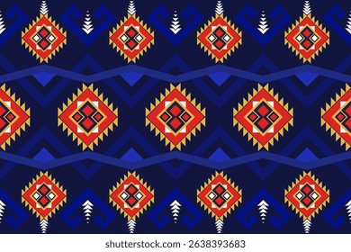 A tribal-inspired vector pattern featuring deep navy tones accented with fiery red and burnt orange diamond motifs. The rhythmic geometric layout gives the design a sense of strength, structure, and c