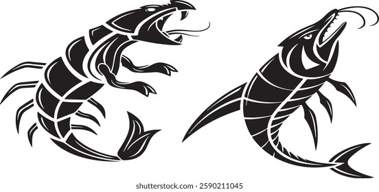 Tribal-Style Shrimp and Fish Silhouettes for Tattoo Design or Print