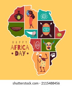 Tribe african map. Framed fragments of culture, happy Africa day poster or print, continent silhouette with traditional elements, people in national clothes, vector isolated concept