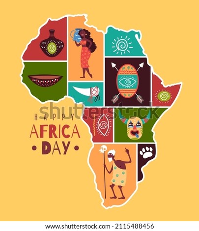 Tribe african map. Framed fragments of culture, happy Africa day poster or print, continent silhouette with traditional elements, people in national clothes, vector isolated concept