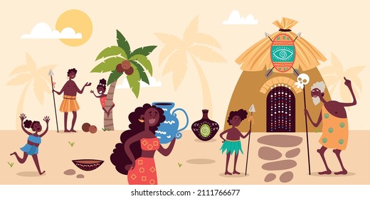 Tribe african people. Cute family. Happy parents, children and grandfather in national clothes, landscape with hut and palm trees, household ethnic tool, vector cartoon isolated concept
