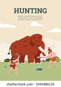 Tribu de pueblo primitivo de caverna edad de piedra con mamut prehistórico de caza de armas