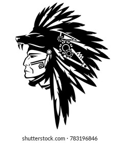 tribe chief warrior wearing feather headdress with wolf head - black and white vector design