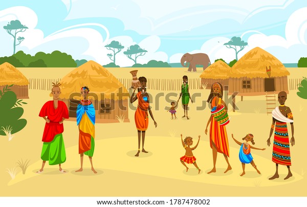 Tribe ethnic people in Africa flat vector\
illustration. Cartoon African woman with jug, afro character in\
tribal traditional costume, standing near ethnic hut house in\
village, rural African\
landscape