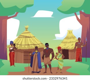 Ilustración vectorial de las tribus étnicas en África. Caricatura de una mujer africana con un niño, hombres con lanzas, personajes afro con trajes tribales tradicionales, parados cerca de la casa de cabaña en el pueblo. Paisaje rural