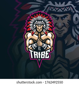 tribe mascot logo design vector with modern illustration concept style for badge, emblem and t shirt printing. tribe illustration with spear in hand.