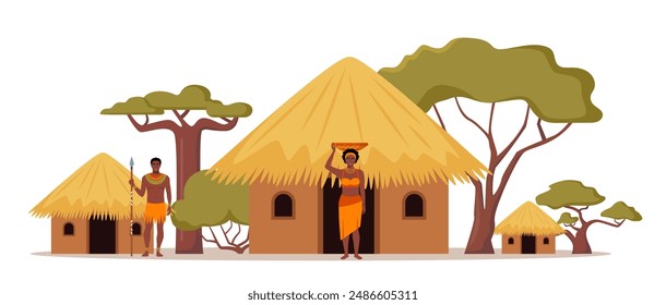 Tribe people in Africa. African woman with jug, afro character in tribal traditional costume, standing near ethnic hut house in village, rural African landscape. Vector