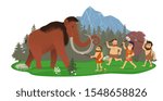 A tribe of prehistoric people attacks the mammoth. Vector illustration, flat design style. Isolated on a white background.
