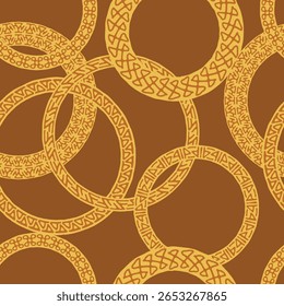 Tribo padrão sem costura para impressão em tecido. Impressão mística de textura de cadeias redondas. Feito de círculos de interseção decorados com runas e símbolos mágicos. Papel de parede de etnia africana. Plano de fundo do vetor